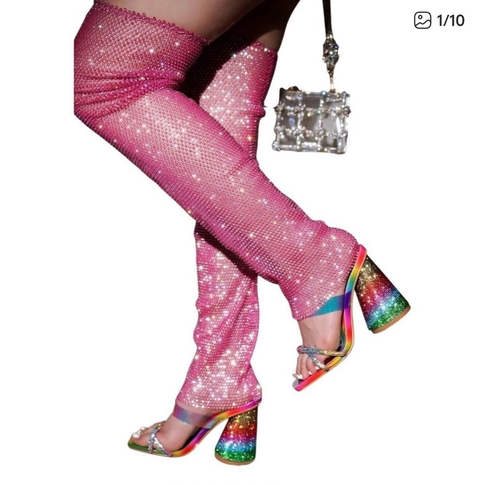 Cape Robbin Rainbow Sandal Round Block Heel W/ Pink Rhinestone Leg Warmer